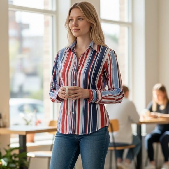 Tommy Hilfiger Tops - Tommy Hilfiger Western Red White Blue Stripe Button Front Shirt Womens